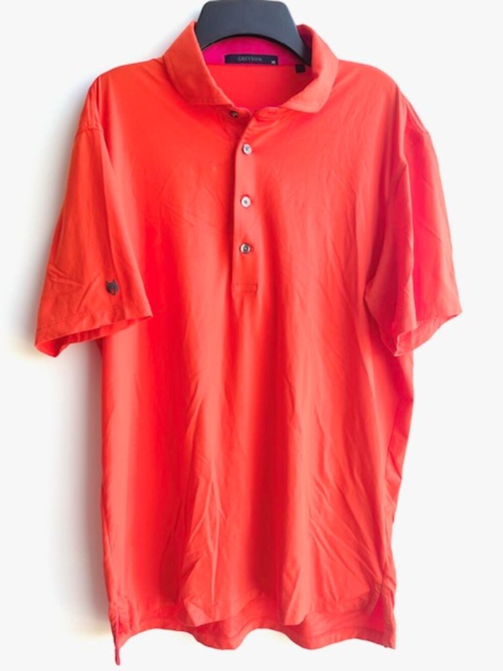 Greyson Golf Polo Shirt Mens Medium Orange Performance Stretch Wolf Logo